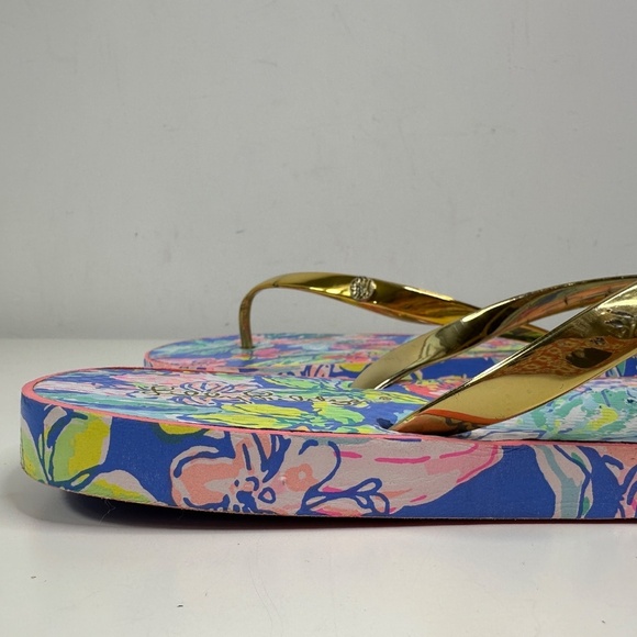 Lilly Pulitzer Flip Flops Women 9/10 Gold Straps w/Pink & Blue - Picture 12 of 14